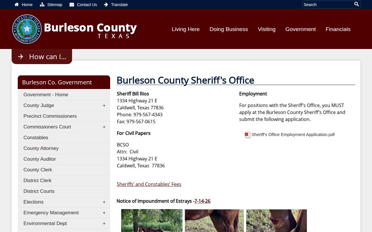 Burleson County 24 hour release verification on Sheriff page