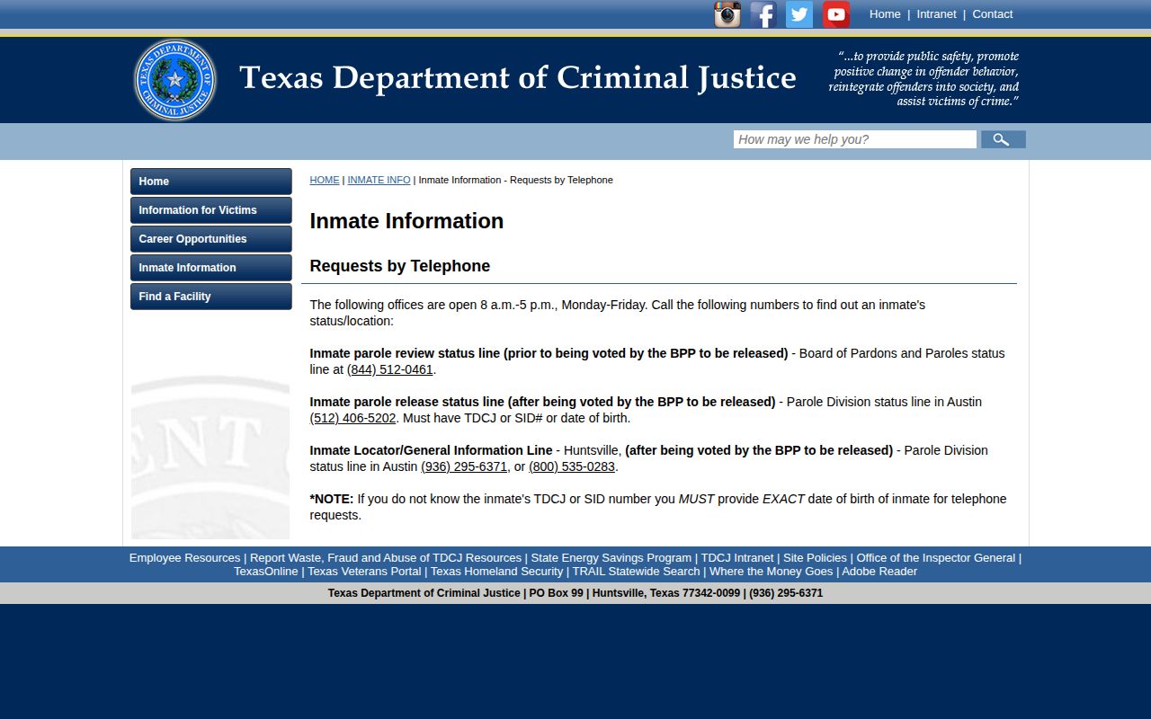 TDCJ telephone check for Burleson County 72 hour release status