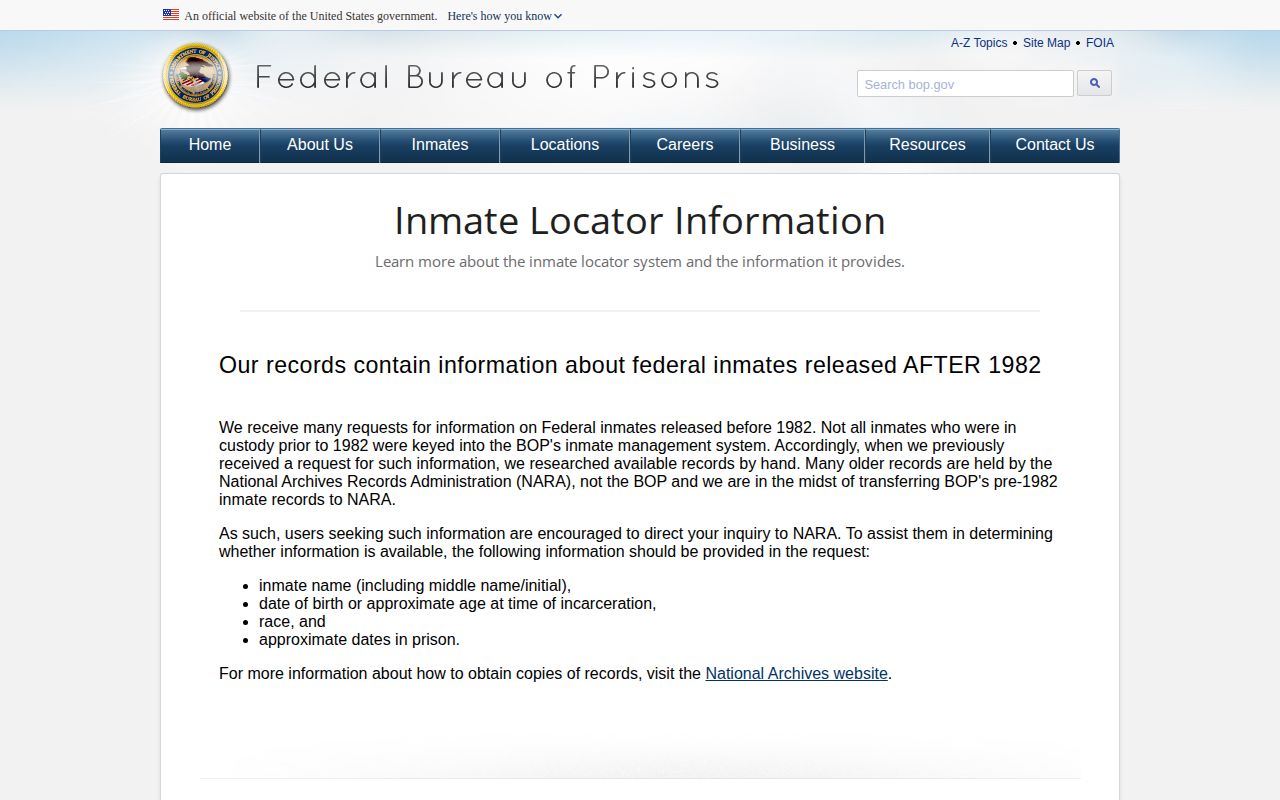 Federal Bureau of Prisons locator record explanation