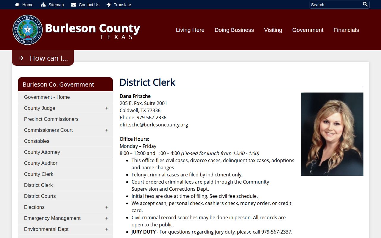 Burleson County District Clerk felony record contact page