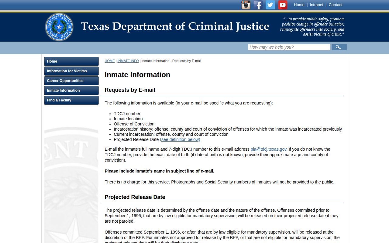 TDCJ email projected release date lookup for Burleson County